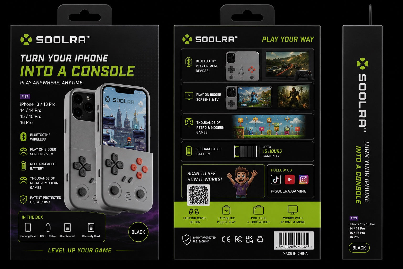 SOOLRA production retail packaging shown from the front, back and side
